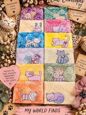 12 Handmade Cat Envelopes Junk Journal Vintage Shabby Chic Paper Ephemera Set